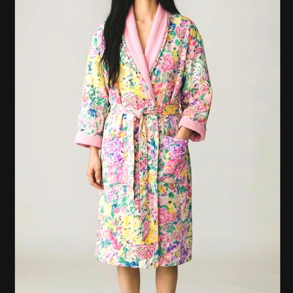 VTG Victorias Secret Gold Label Floral Terry Lined Robe Pink Yellow Green OSFA - Picture 5 of 10